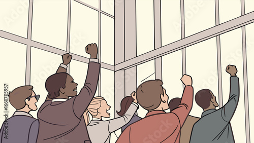 Diverse Business Team Celebrating Success with Raised Fists.