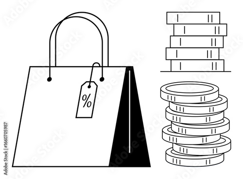 Shopping bag with a discount tag beside detailed coin stacks representing financial management. Ideal for e-commerce, budgeting, discounts, savings, promotions, retail, affordability. Simple flat