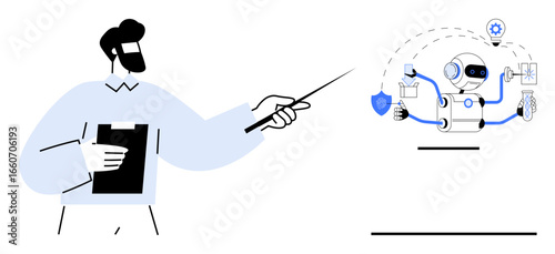 Man holding clipboard points at AI robot showcasing multitasking abilities with tools, analytics, security, media, and automation. Ideal for technology, AI, education, teamwork business innovation