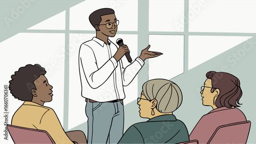 Diverse Group Listening to Presenter with Microphone.