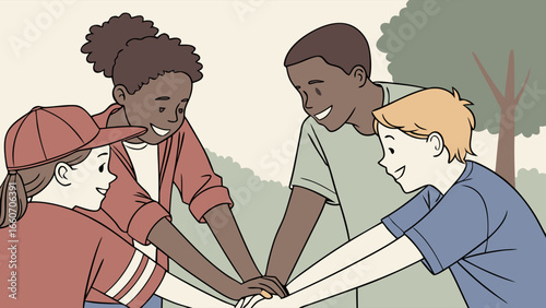 Diverse Group of Friends Joining Hands Together.