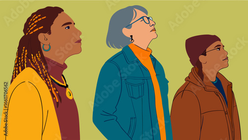 Diverse Group of People in Profile Looking Upward.