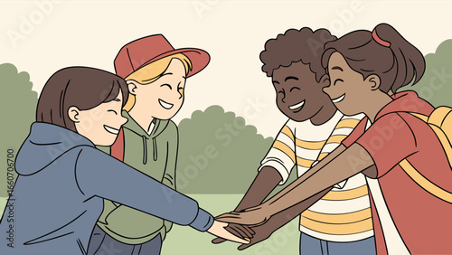 Diverse Group of Smiling Children Stacking Hands Together.