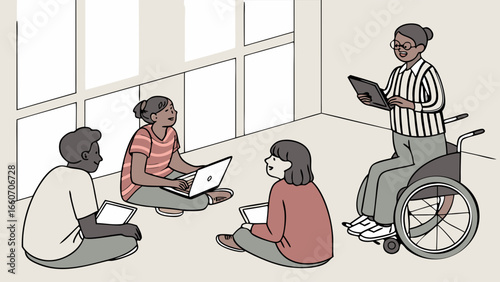 Diverse Group of Students Learning Together with Teacher in Wheelchair.