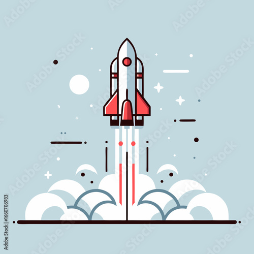 Modern flat design rocket launching with smoke.