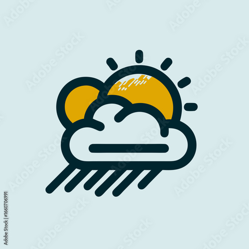 Modern flat design weather icon with sun cloud and falling rain.