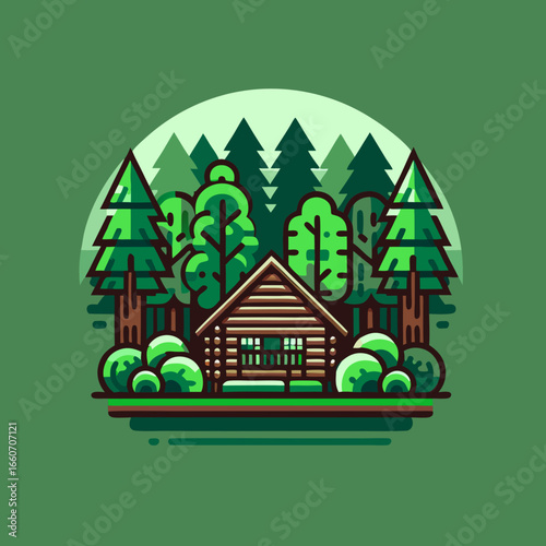 Rustic Log Cabin Nestled Among Colorful Forest Trees Vector Art.
