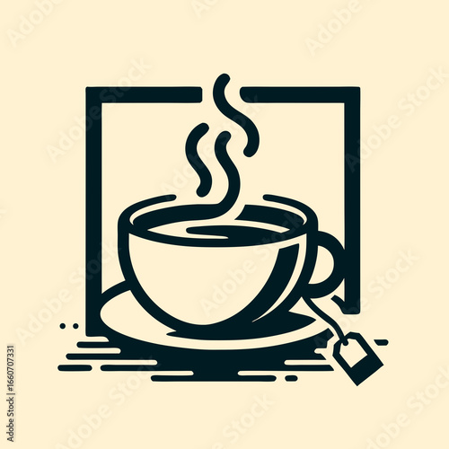 Stylized Steaming Tea Cup with Tea Bag in Frame.
