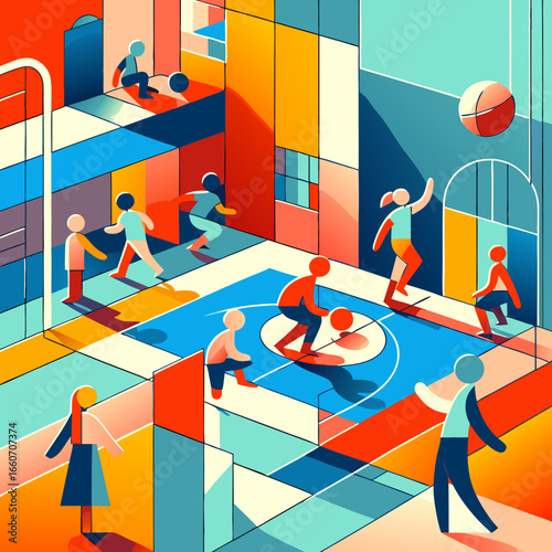 Vibrant Abstract Geometric Illustration of People Playing Basketball.