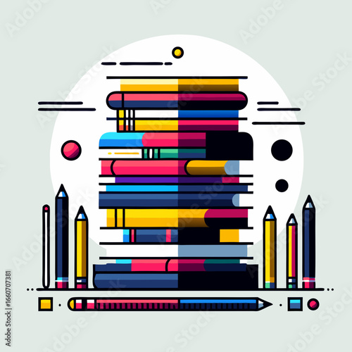 Vibrant abstract stack of books with pencils and stationery items.