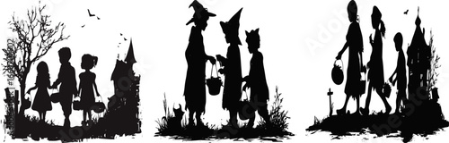 halloween, trick, treat, kids, silhouette, vector, illustration, spooky, season, art, children, night, costume, bucket, candies, dark, house, witch, cat, tree, moon, bats, scary, fun, celebration, aut