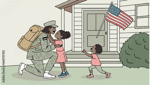 Female Soldier in Camouflage Uniform Reuniting with Children.