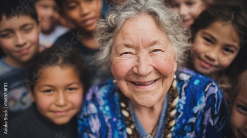 Medium shot of a joyful Indigenous elder surrounded by smiling youth elder in clear focus representing cultural heritage and intergenerational inclusivity.