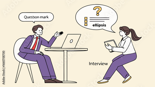 Illustration of a Job Interview with Question and Ellipsis.