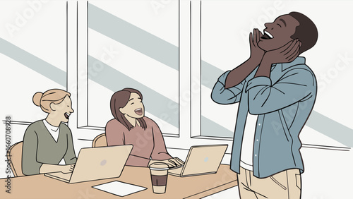 Joyful Black Man Laughing with Colleagues in Office.