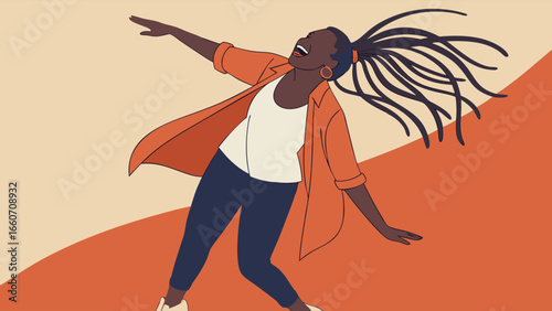 Joyful Black Woman Dancing with Dreadlocks and Orange Jacket.