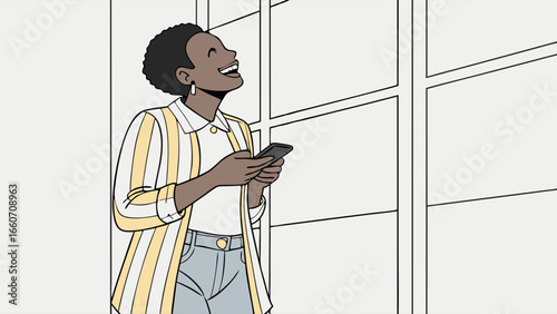 Joyful Black Woman Using Smartphone Striped Jacket.