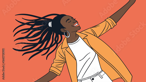 Joyful Black Woman with Arms Raised Smiling.