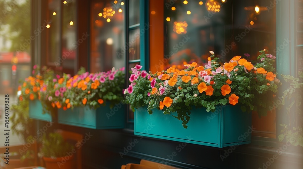 Fototapeta premium Window boxes filled with orange and pink flowers adorn a building facade with lights above it