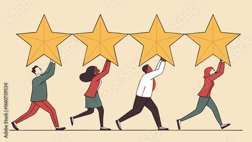 People Holding Up Golden Stars Teamwork Concept.