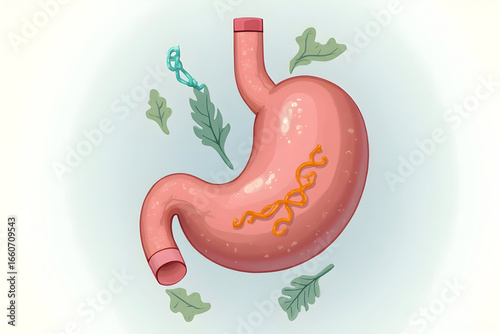 Stomach Illustration with Digestive Elements and Leaves