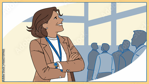 Smiling Businesswoman with Arms Crossed Looking Upwards.