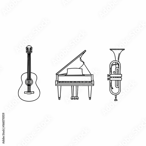 Acoustic Guitar Grand Piano and Trumpet Illustrations