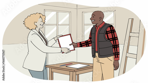 Smiling Man Receiving Document from Smiling Woman.