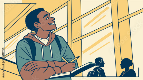 Smiling Student Taking Notes in a Building.