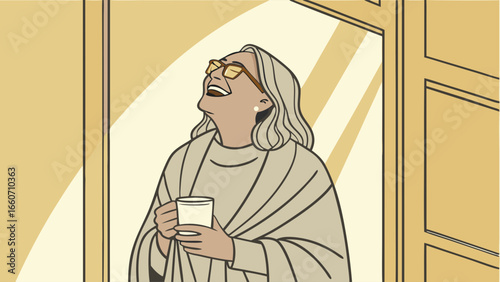 Smiling Woman with Glasses Holding a Mug.