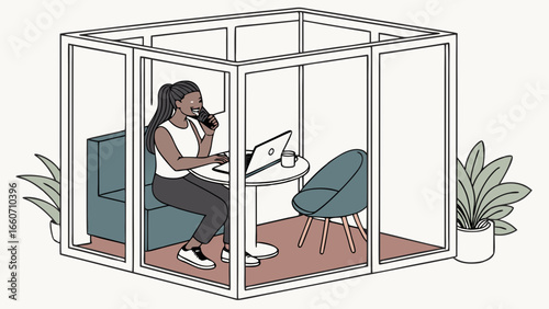 Smiling Woman Working in Modern Office Cubicle.