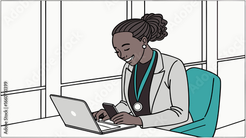 Smiling Woman Working on Laptop and Phone.