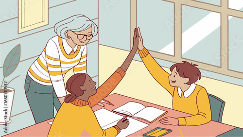 Students HighFiving with Teacher in Classroom.