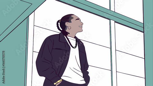 Stylish Man in a Dark Jacket Looking Upward.