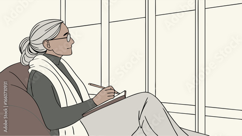 Thoughtful Woman with Gray Hair Writing in Notebook.