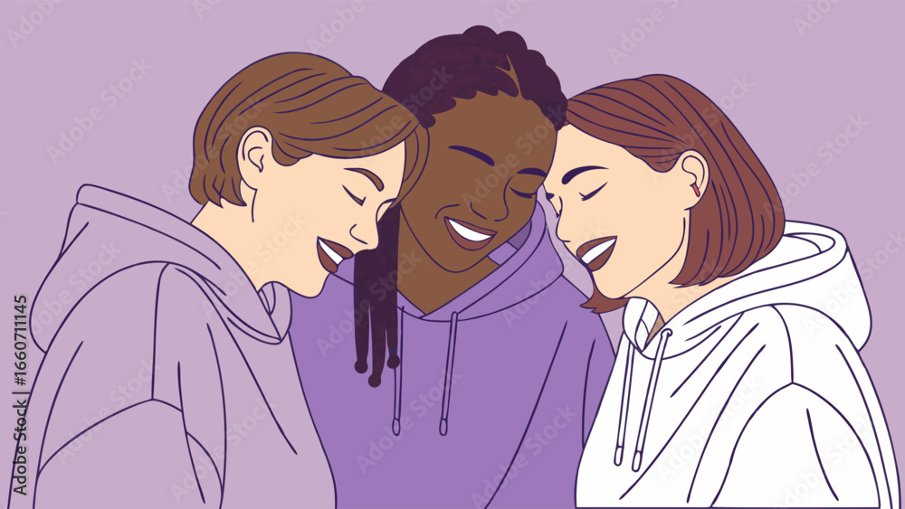 Obraz premium Three Women in Close Embrace Smiling Wearing Hoodies.