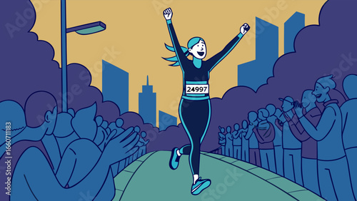 Triumphant Female Marathon Runner Crossing Finish Line.