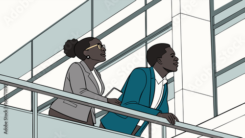 Two Business Professionals Observing from a Modern Building Balcony.