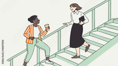 Two Diverse Colleagues Chatting on Stairs.