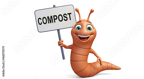 An cartoon earthworm holding a sign that says Compost.