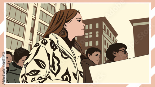 Young Woman in Abstract Patterned Coat Urban Setting.