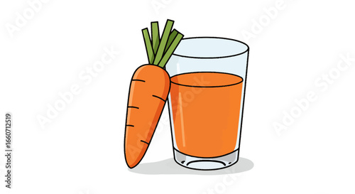 A vibrant vector illustration showcasing a fresh carrot alongside a glass filled with delicious, freshly squeezed carrot juice, perfect for healthy eating and beverage concepts.
