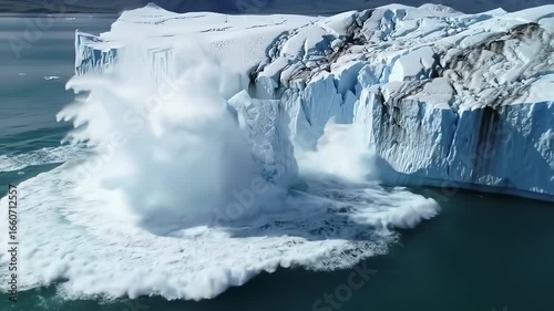 Aerial drone video of a glacier calving, a large piece of ice breaking off and splashing into the ocean, creating a dramatic, cold, white explosion against a backdrop of