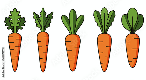 A vibrant vector illustration showcasing five stylized carrots with lush green tops, perfect for food-related designs, educational materials, or adding a touch of freshness to any project.