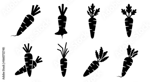 A collection of stylized black and white carrot vector graphics, perfect for use in food-related designs, illustrations, and educational materials, available in PNG format.