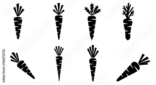 A collection of vector illustrations showcasing various carrot designs in a simple, bold, and modern black and white style, perfect for diverse design projects.
