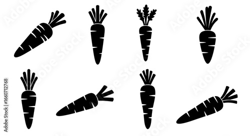 A minimalist vector illustration showcases a variety of black carrot icons, perfect for designs needing a simple, clean, and versatile vegetable element for menus or graphics.