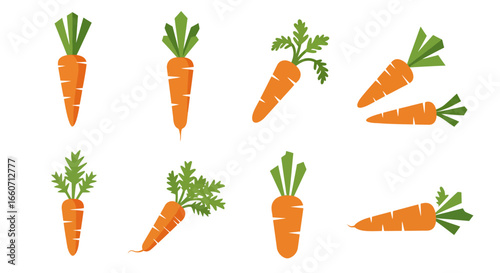 Collection of fresh, vibrant orange carrots with green leafy tops, presented in various dynamic poses and angles for diverse design applications.