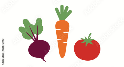 A vibrant vector illustration showcases a fresh carrot alongside a beet and a tomato, perfect for healthy eating and culinary design projects on a clean, white background.
