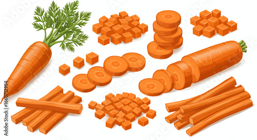 High-quality vector PNG illustrations of whole carrots, diced carrots, sliced carrots, and carrot sticks, perfect for culinary websites, healthy food blogs, and cookbook designs.